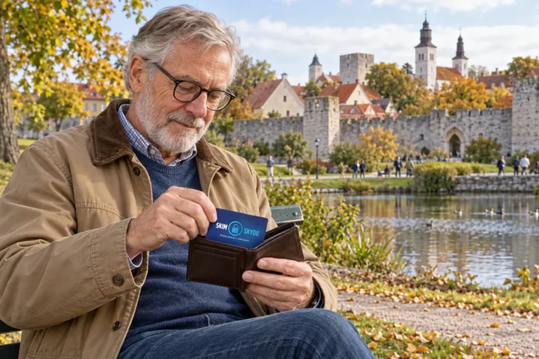 SkimSkydd RFID-skyddskort och plånbok i en vardagsscen utomhus vid Almedalen i Visby