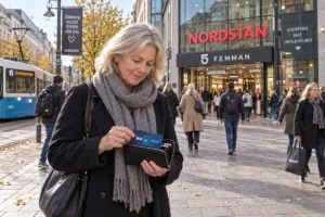En person ordnar ett SkimSkydd RFID-skyddskort och bankkort i plånboken utanför Femman i Göteborg