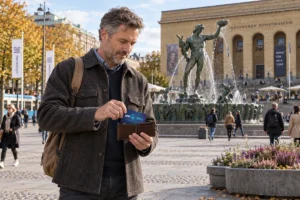 En person ordnar ett SkimSkydd RFID-skyddskort och bankkort i plånboken vid Götaplatsen i Göteborg