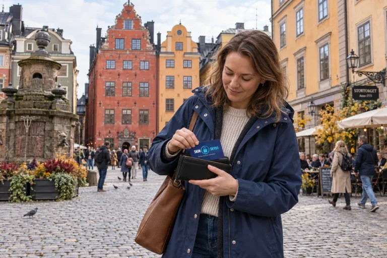 En person ordnar ett SkimSkydd RFID-skyddskort och bankkort i plånboken på Stortorget i Stockholm