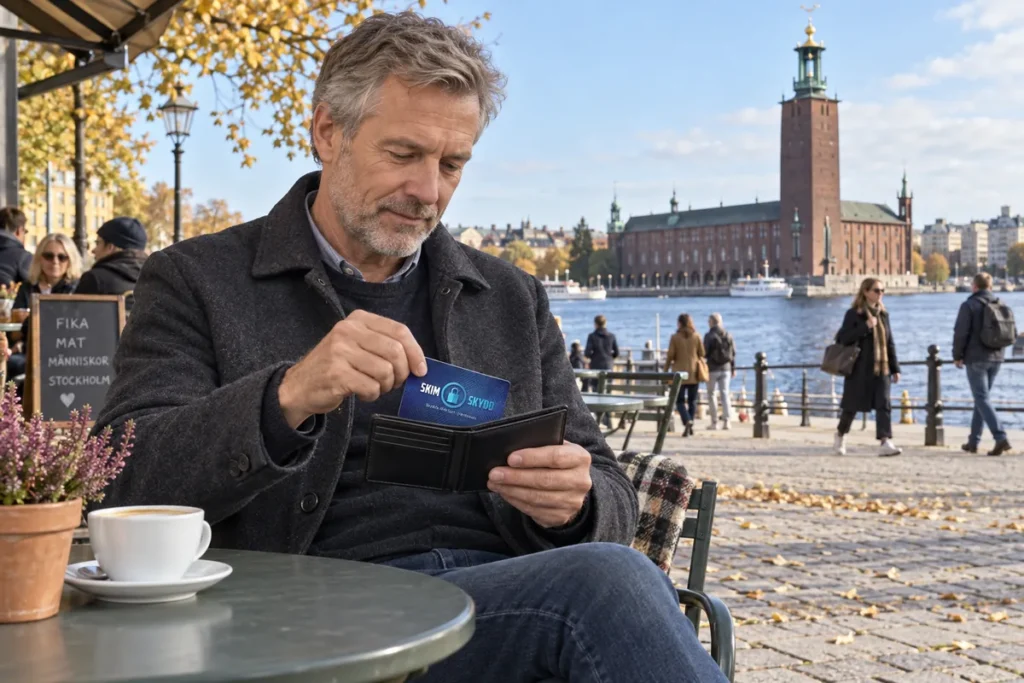 En person ordnar ett SkimSkydd RFID-skyddskort och bankkort i plånboken vid Stockholms stadshus