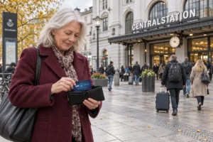 En person ordnar ett SkimSkydd RFID-skyddskort och bankkort i plånboken utanför Stockholms centralstation
