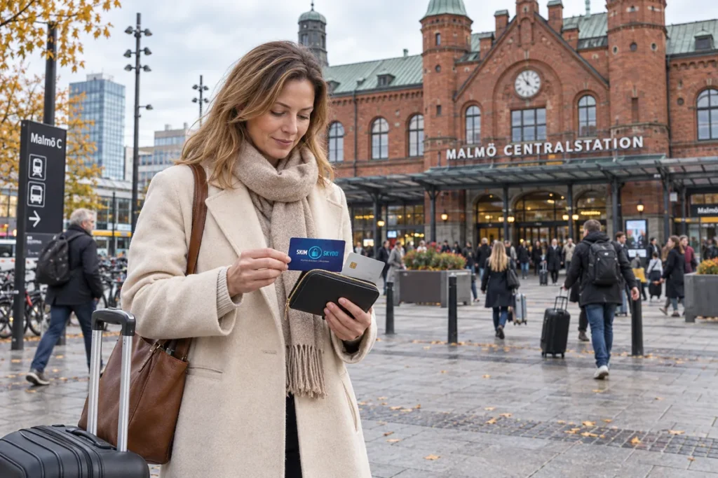 En resenär ordnar korten i plånboken utanför Malmö centralstation
