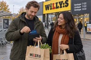En person ordnar ett SkimSkydd RFID-skyddskort och bankkort i plånboken utanför en Willys-butik i Sverige