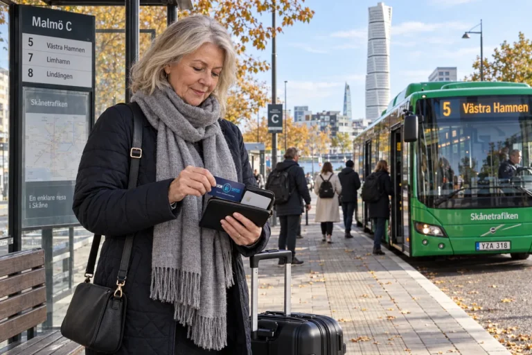 En resenär ordnar korten i plånboken vid en busshållplats i Malmö