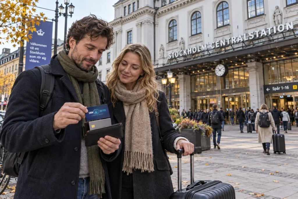 En resenär ordnar korten i plånboken utanför Stockholms centralstation