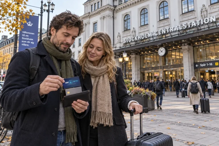 En resenär ordnar korten i plånboken utanför Stockholms centralstation
