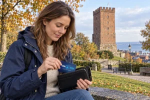 SkimSkydd RFID-skyddskort och plånbok i en vardagsscen utomhus vid Kärnan i Helsingborg