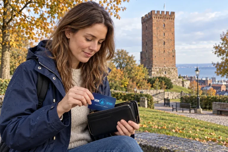 SkimSkydd RFID-skyddskort och plånbok i en vardagsscen utomhus vid Kärnan i Helsingborg