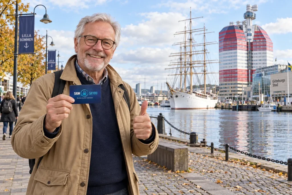 En person visar ett SkimSkydd RFID-skyddskort och gör tummen upp vid Lilla Bommen i Göteborg