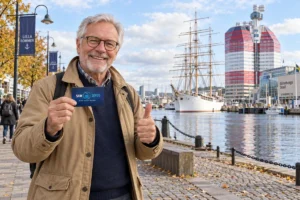 En person visar ett SkimSkydd RFID-skyddskort och gör tummen upp vid Lilla Bommen i Göteborg