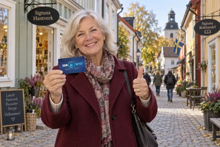 SkimSkydd RFID-skyddskort och plånbok i en vardagsscen utomhus vid Stora gatan i Sigtuna