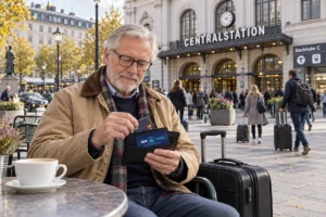 En resenär ordnar korten i plånboken utanför Stockholms centralstation