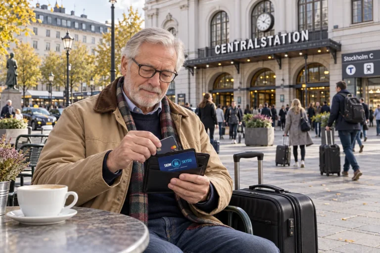 En resenär ordnar korten i plånboken utanför Stockholms centralstation