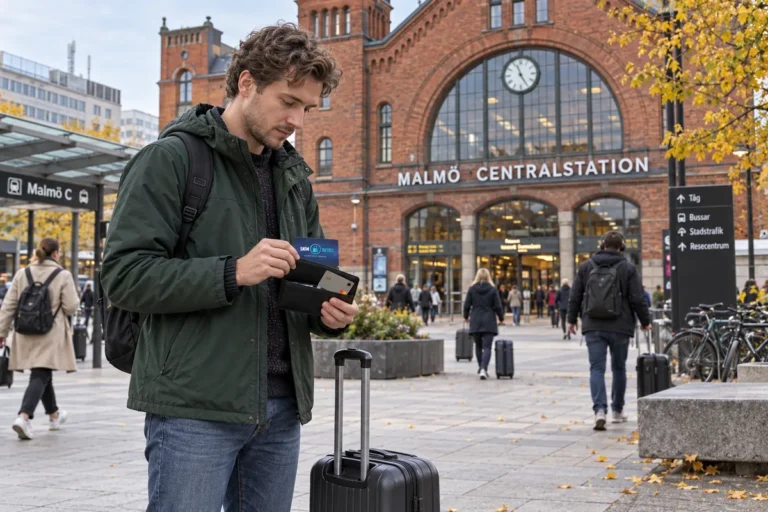 En resenär ordnar korten i plånboken utanför Malmö centralstation