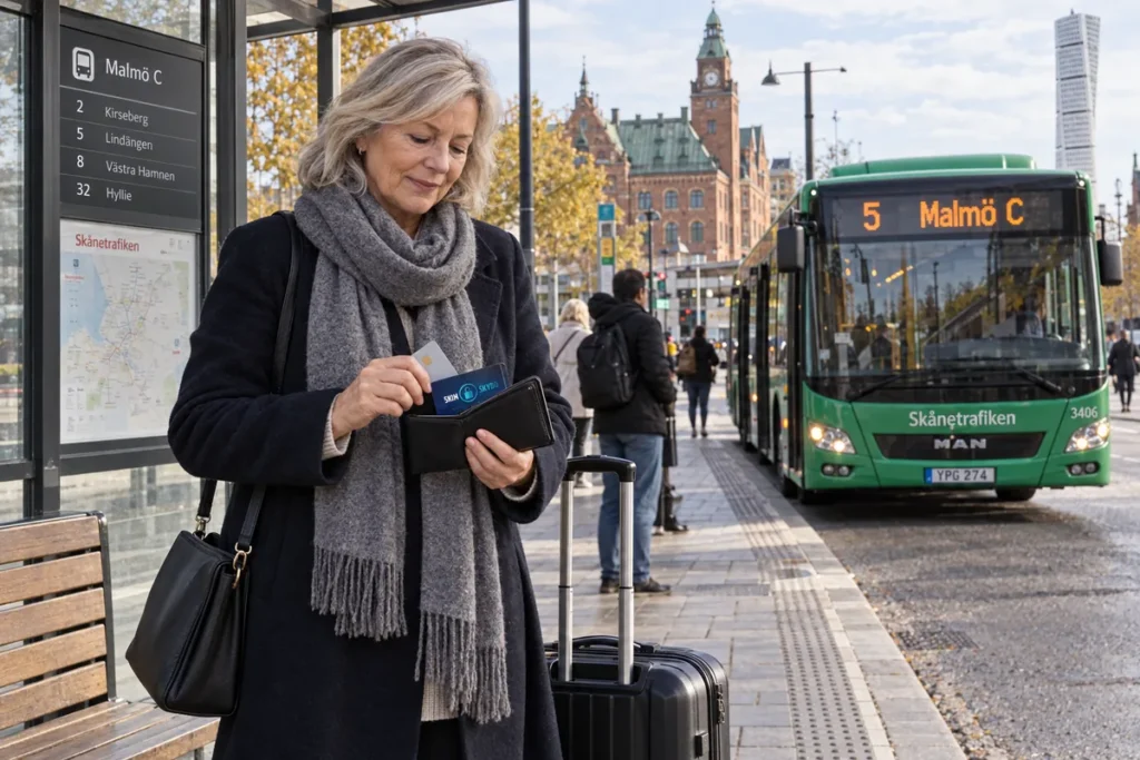 En resenär ordnar korten i plånboken vid en busshållplats i Malmö