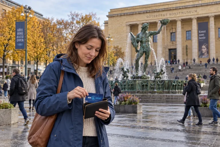En person ordnar ett SkimSkydd RFID-skyddskort och bankkort i plånboken vid Poseidon på Götaplatsen
