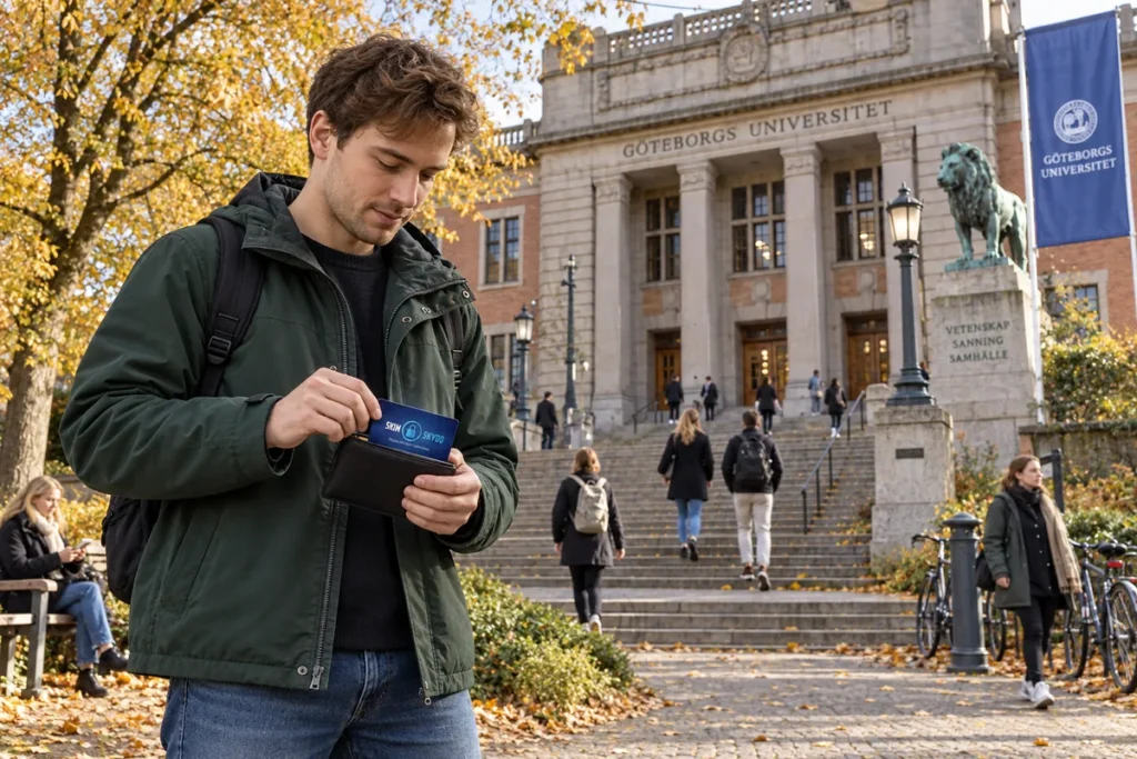 En person ordnar ett SkimSkydd RFID-skyddskort och bankkort i plånboken utanför Göteborgs universitet i Vasaparken
