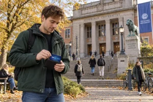 En person ordnar ett SkimSkydd RFID-skyddskort och bankkort i plånboken utanför Göteborgs universitet i Vasaparken