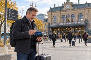 En resenär ordnar korten i plånboken utanför Göteborgs centralstation