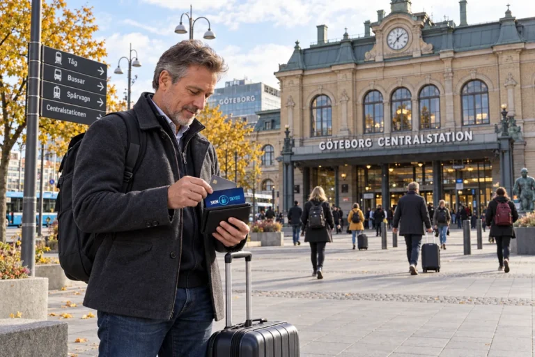 En resenär ordnar korten i plånboken utanför Göteborgs centralstation