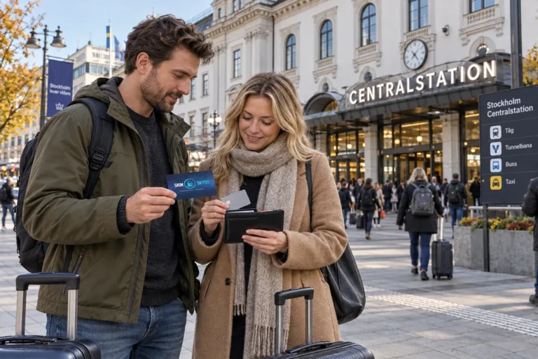 En resenär ordnar korten i plånboken utanför Stockholms centralstation