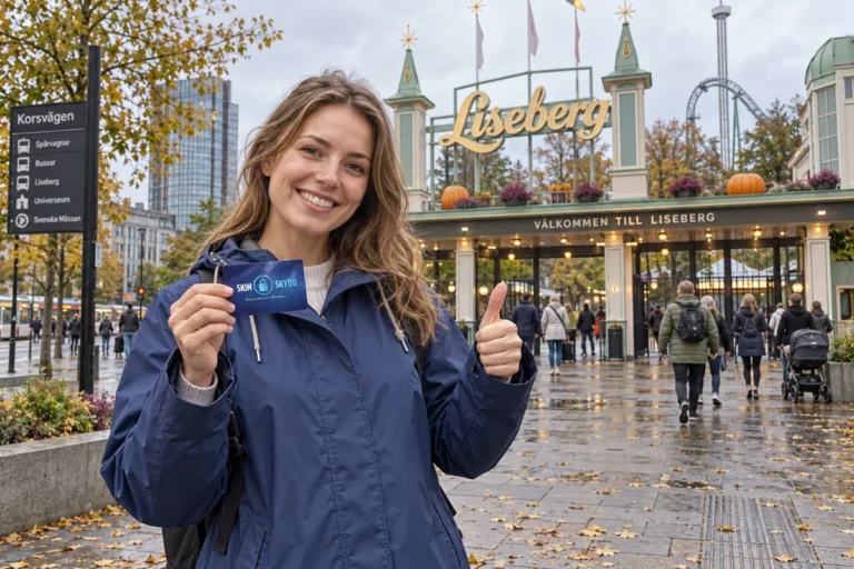 En person visar ett SkimSkydd RFID-skyddskort och gör tummen upp utanför Lisebergs entré i Göteborg