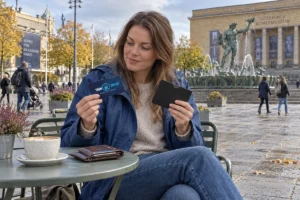En person jämför kortförvaring på en uteservering vid Götaplatsen i Göteborg