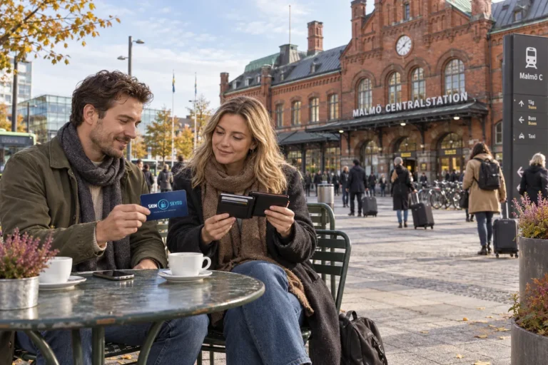 En person jämför kortförvaring på en uteservering utanför Malmö centralstation