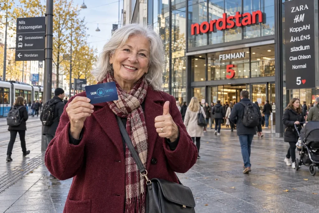 En person visar ett SkimSkydd RFID-skyddskort och gör tummen upp utanför Femman i Göteborg