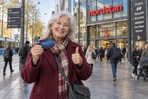 En person visar ett SkimSkydd RFID-skyddskort och gör tummen upp utanför Femman i Göteborg