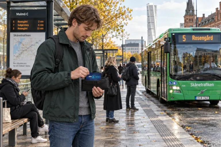 En person ordnar ett SkimSkydd RFID-skyddskort och bankkort i plånboken vid en busshållplats i Malmö
