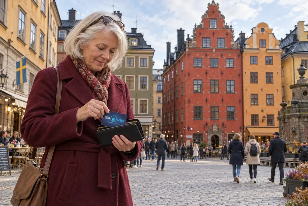 En person ordnar ett SkimSkydd RFID-skyddskort och bankkort i plånboken på Stortorget i Stockholm