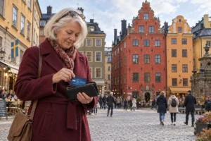 En person ordnar ett SkimSkydd RFID-skyddskort och bankkort i plånboken på Stortorget i Stockholm