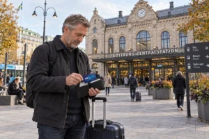 En resenär ordnar korten i plånboken utanför Göteborgs centralstation