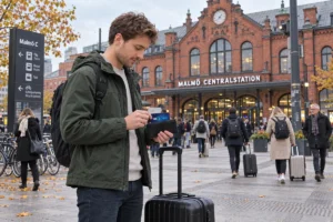 En resenär ordnar korten i plånboken utanför Malmö centralstation
