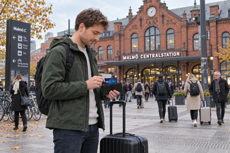 En resenär ordnar korten i plånboken utanför Malmö centralstation