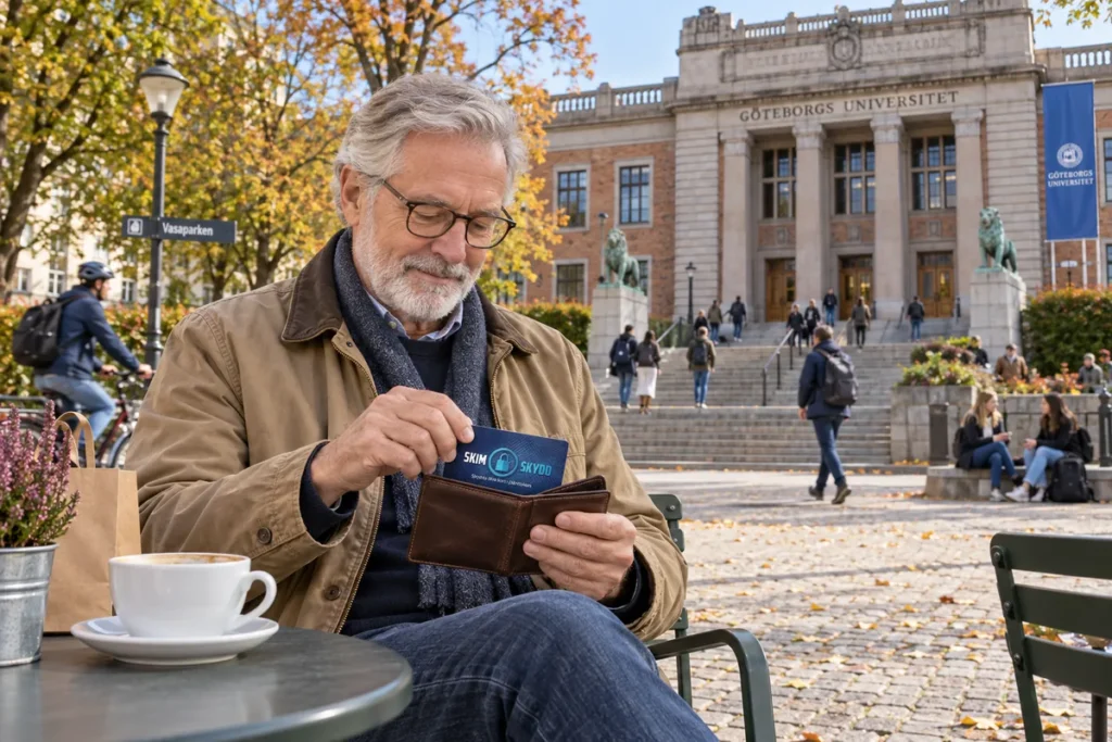 En person ordnar ett SkimSkydd RFID-skyddskort och bankkort i plånboken utanför Göteborgs universitet i Vasaparken