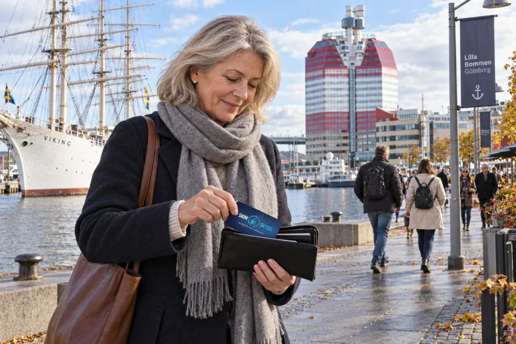 En person ordnar ett SkimSkydd RFID-skyddskort och bankkort i plånboken vid Lilla Bommen i Göteborg