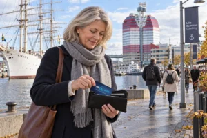 En person ordnar ett SkimSkydd RFID-skyddskort och bankkort i plånboken vid Lilla Bommen i Göteborg