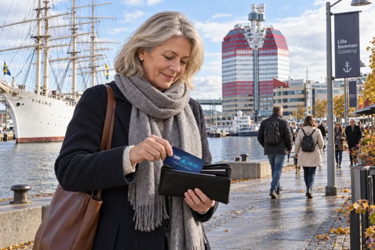 En person ordnar ett SkimSkydd RFID-skyddskort och bankkort i plånboken vid Lilla Bommen i Göteborg