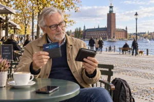 En person jämför kortförvaring på en uteservering vid Stockholms stadshus