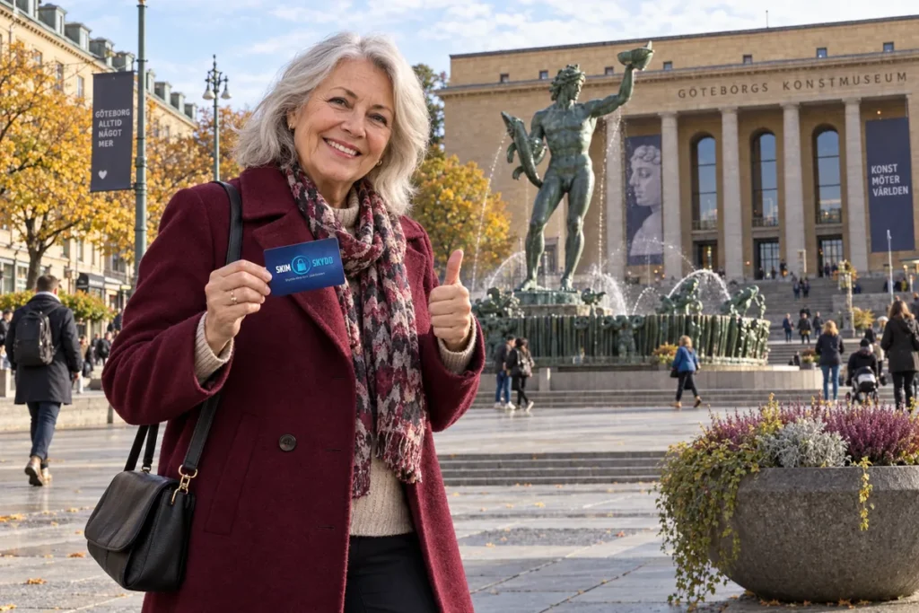 En person visar ett SkimSkydd RFID-skyddskort och gör tummen upp vid Götaplatsen i Göteborg