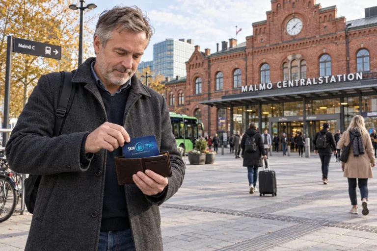 En person ordnar ett SkimSkydd RFID-skyddskort och bankkort i plånboken utanför Malmö centralstation