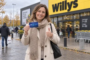 En person visar ett SkimSkydd RFID-skyddskort och gör tummen upp utanför en Willys-butik i Sverige