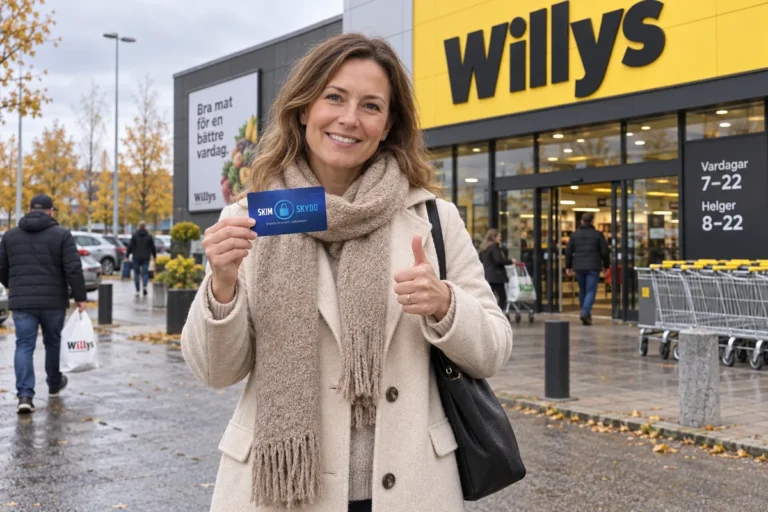 En person visar ett SkimSkydd RFID-skyddskort och gör tummen upp utanför en Willys-butik i Sverige