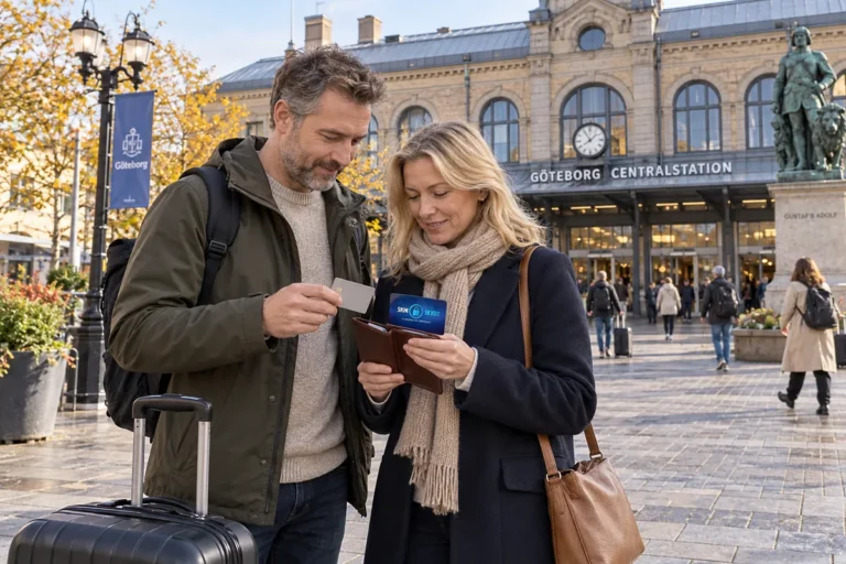 En resenär ordnar korten i plånboken utanför Göteborgs centralstation