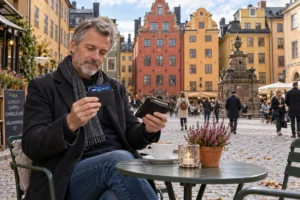 En person jämför kortförvaring på en uteservering på Stortorget i Stockholm