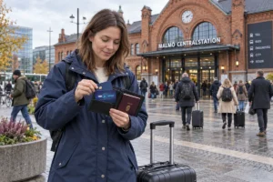 En resenär ordnar korten i plånboken utanför Malmö centralstation