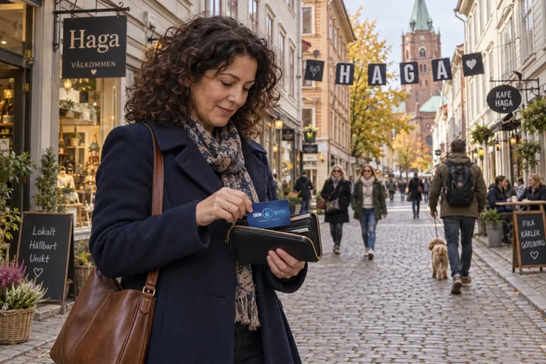 En person ordnar ett SkimSkydd RFID-skyddskort och bankkort i plånboken på Haga Nygata i Göteborg